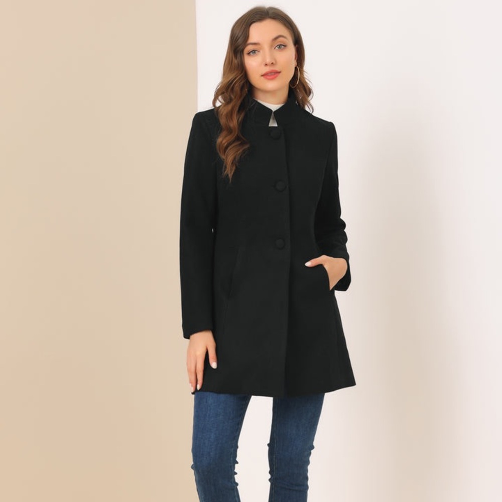 Allegra K Stand Collar Single Breasted Solid Color Pea Coat